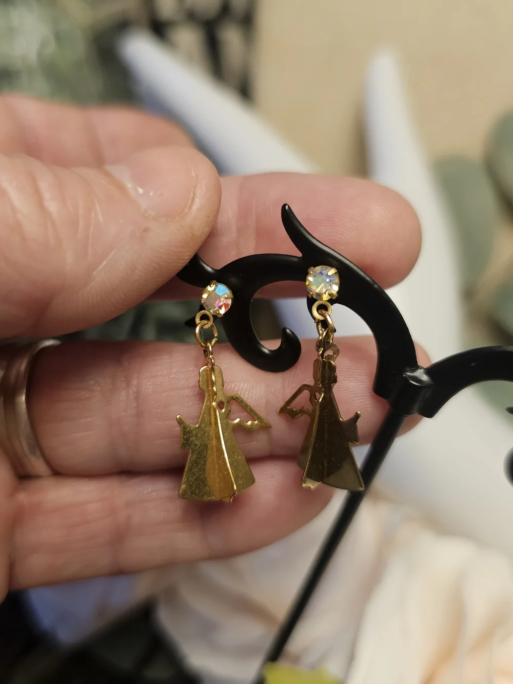 Older Gold  Angel Drop Earrings with Aurora Crystal Studs